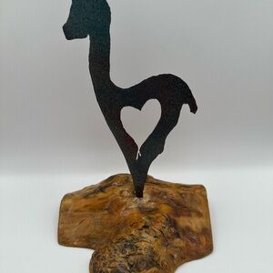 Llama Alpaca Animal Heart Metal Sculpture On Driftwood